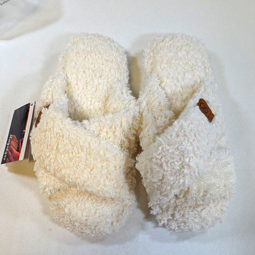 Maysogno Women’s White Faux Fur Lined Slide Slippers Open Toe US 8